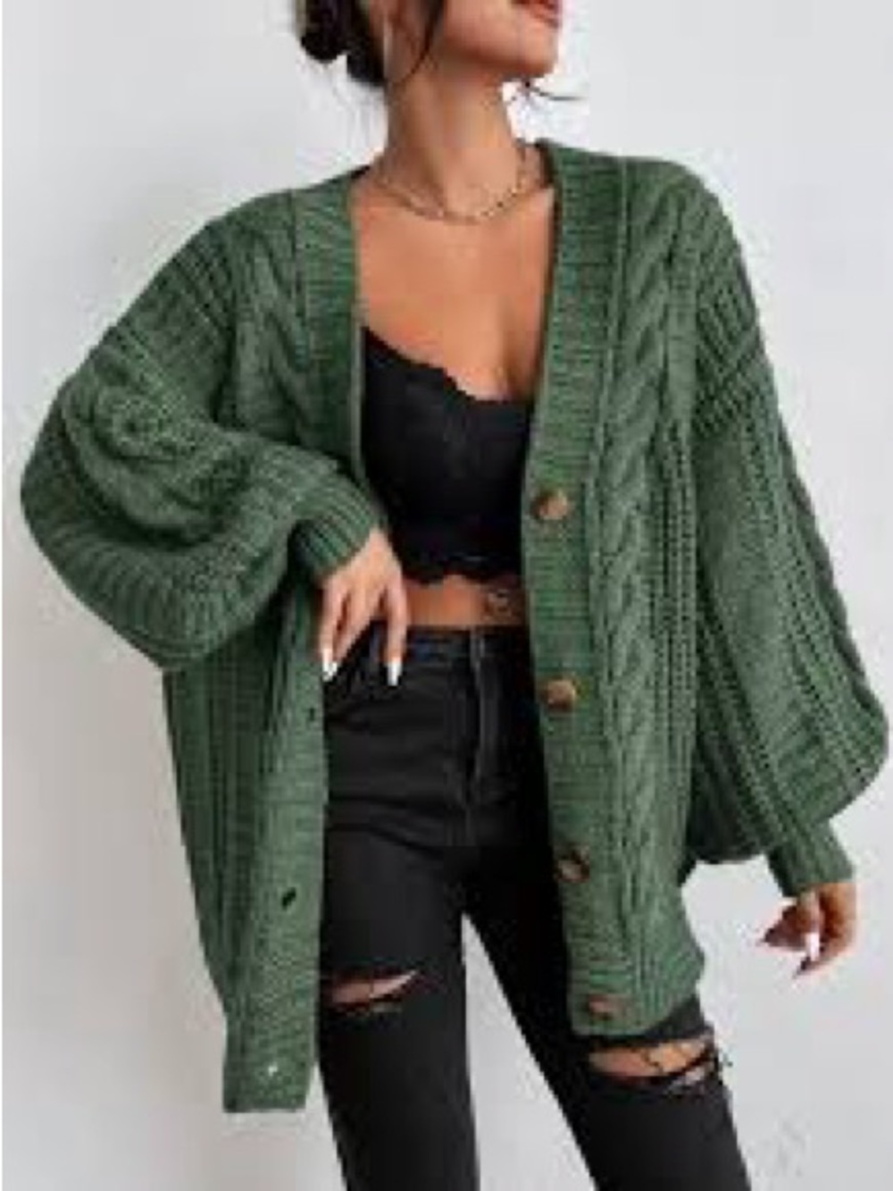NWT Green Oversized Jacquard Cardigan Sweater | Boho Balloon Sleeve Knit Layerin